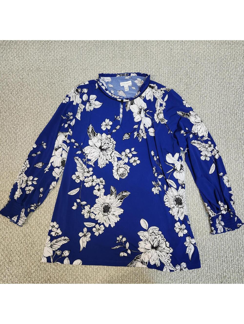 Susan Graver Blue Floral Long Sleeve Blouse Plus 2X